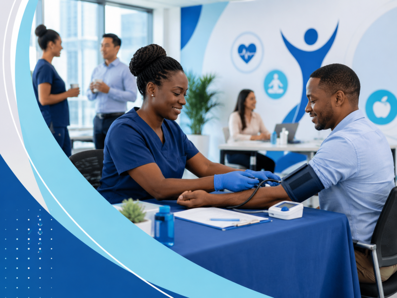 Workplace health screening with a nurse checking blood pressure