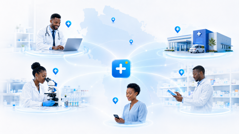 Connected healthcare ecosystem linking doctors, labs, pharmacies, patients, and facilities