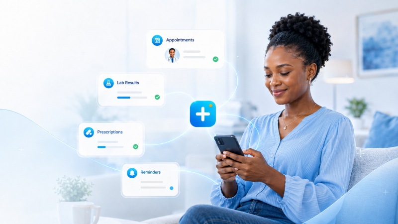 Patient using VitaraAfya to manage appointments, lab results, prescriptions, and reminders