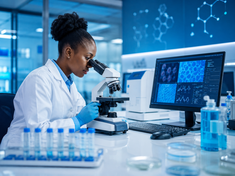 Laboratory scientist analysing samples under a microscope with digital readout