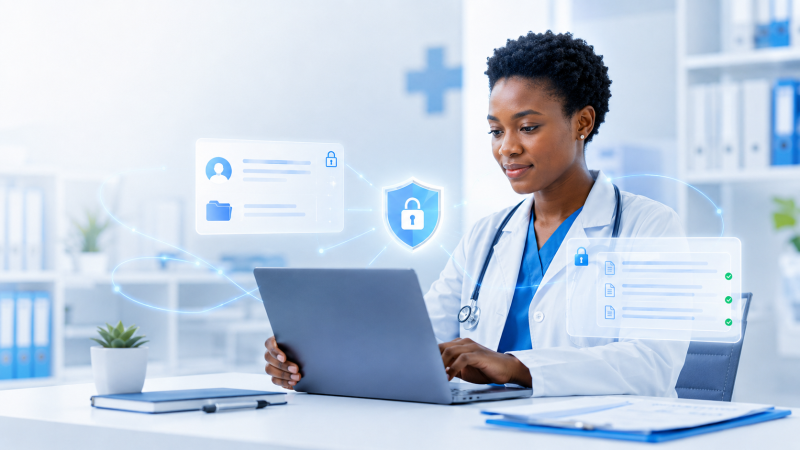 Clinician reviewing secure patient records on a laptop