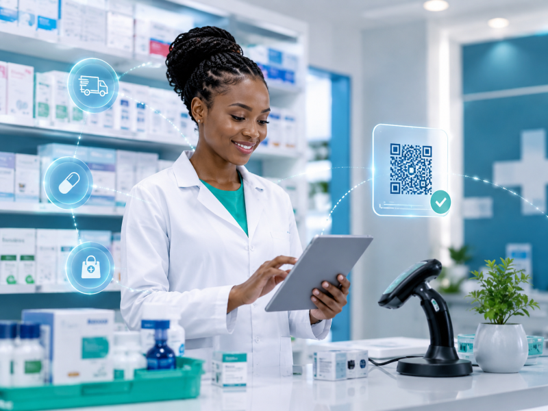 Pharmacist verifying prescriptions with QR code scanning on a tablet