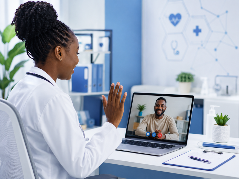 Doctor consulting a patient by secure video call on a laptop